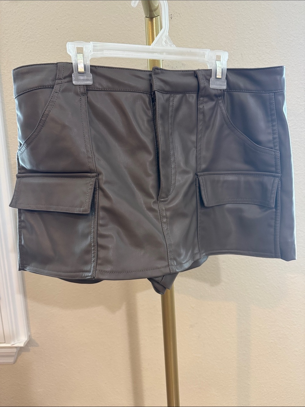 Zara Faux Leather Cargo Mini Shorts - Gray